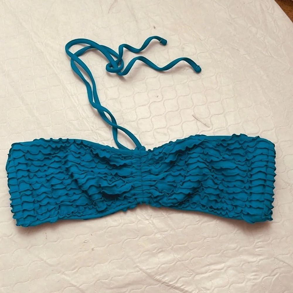 Ralph Lauren teal blue ruffle halter bikini top L